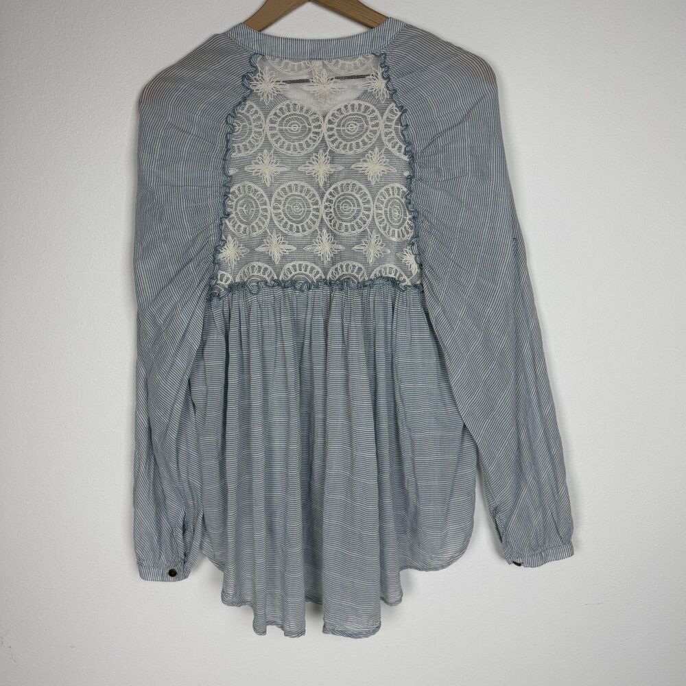 Free People Shirt Womens Small Blue Striped Button Front Crochet Back Tunic
